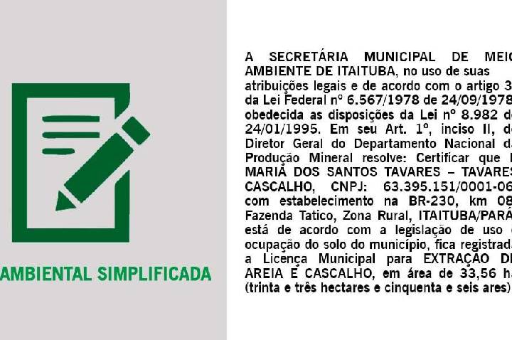 PublicaçãoCertificar que E MARIA DOS SANTOS TAVARES – TAVARES CASCALHO, CNPJ: 63.395.151/0001-06