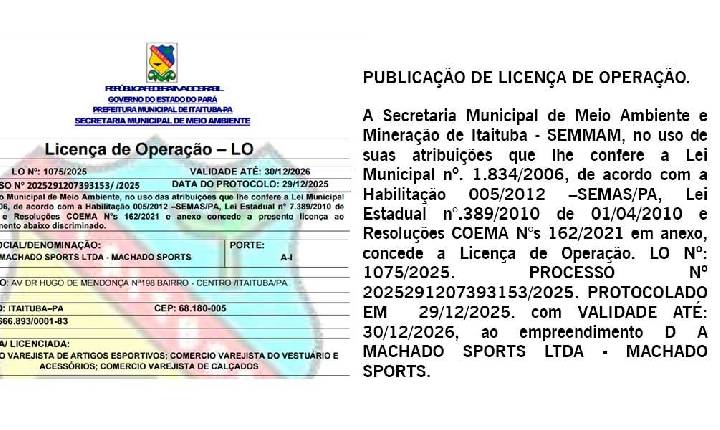 PUBLICAÇÃO DE LICENÇA DE OPERAÇÃO LO Nº: 1075/2025
