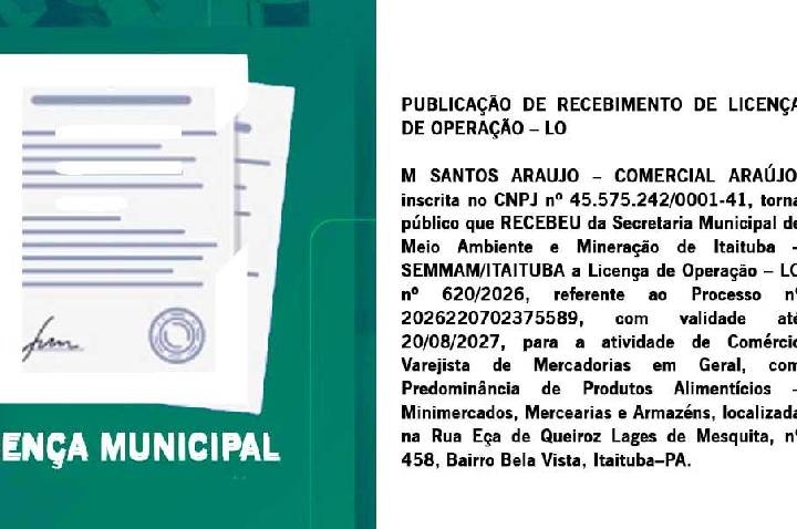 Publicação de Recebimento de Licença de Operação de M. Santos Araújo - Comercial Araújo