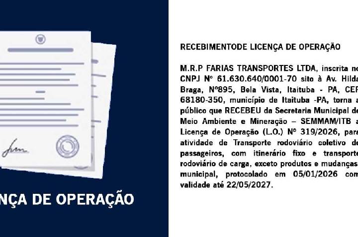 Publicação de recebimento de Licença de Operação de M.R.P Farias Transportes LTDA