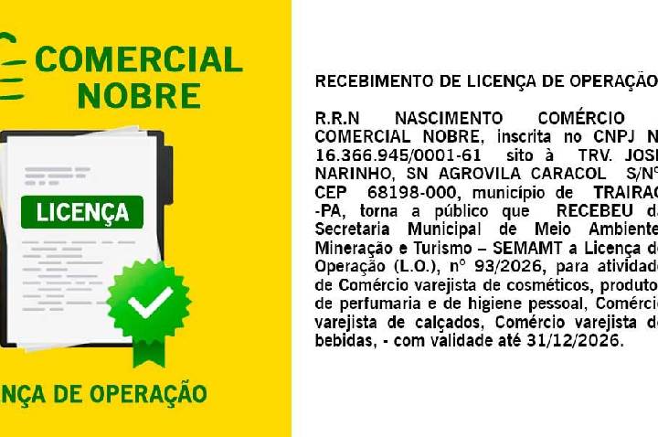 Publicação de recebimento de Licença de Operação de R R N Nascimento comércio