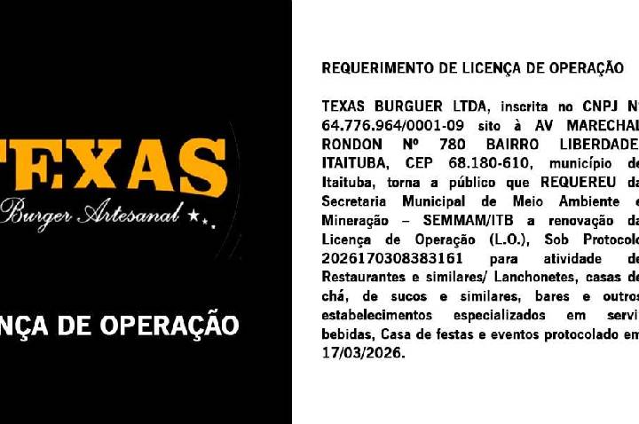 Publicação do Requerimento de Licença de Operação de Texas Burguer LTDA.