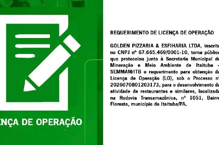 Publicação de Requerimento para obtenção da Licença de Operação (LO) de Golden Pizzaria e Esfiharia Ltda