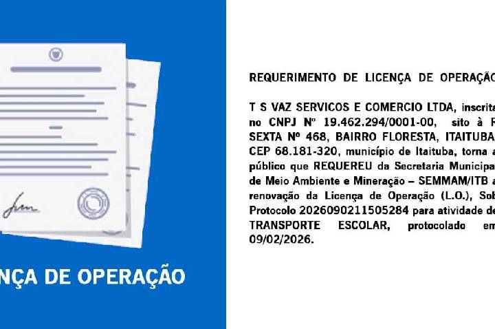 PUBLICAÇÃO DO REQUERIMENTO DE LICENÇA DE OPERAÇÃO DE T S VAZ SERVICOS E COMERCIO LTDA