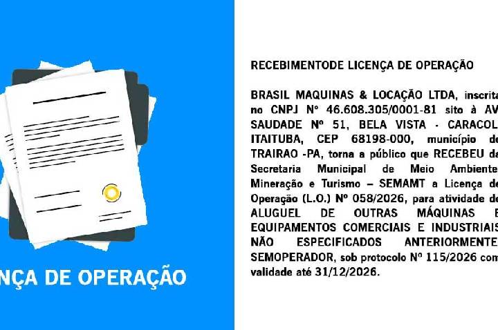 RECEBIMENTODE LICENÇA DE OPERAÇÃO DE BRASIL MAQUINAS & LOCAÇÃO LTDA