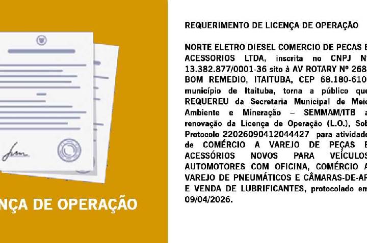 REQUERIMENTO DE LICENÇA DE OPERAÇÃO DE NORTE ELETRO DIESEL COMERCIO DE PECAS E ACESSORIOS LTDA