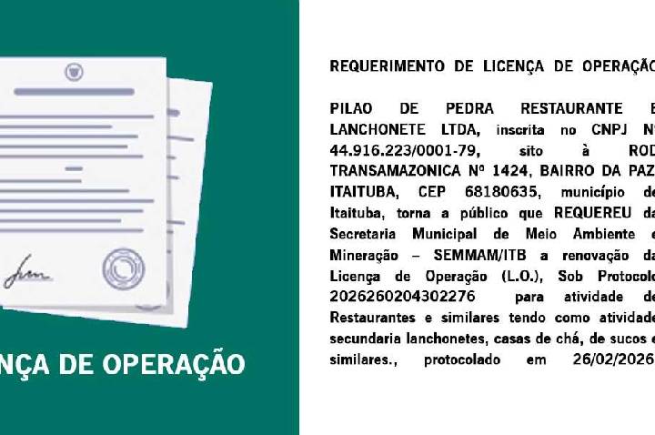 REQUERIMENTO DE LICENÇA DE OPERAÇÃO DE PILAO DE PEDRA RESTAURANTE E LANCHONETE - LTDA