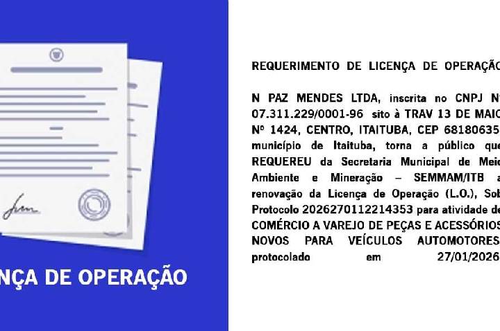 REQUERIMENTO DE LICENÇA DE OPERAÇÃO N PAZ MENDES LTDA