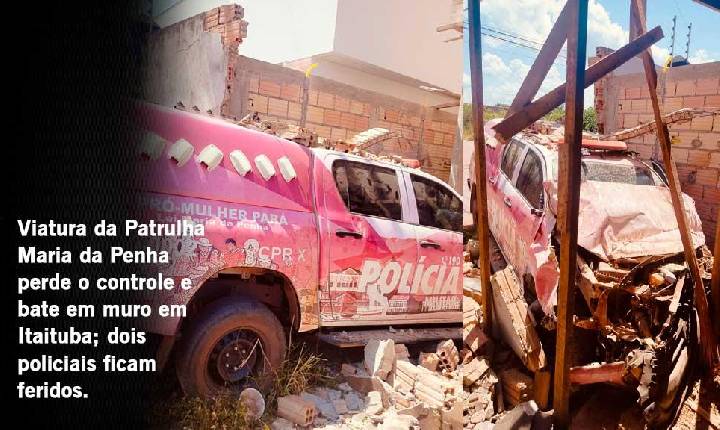 Viatura da Patrulha Maria da Penha perde o controle e bate em muro em Itaituba; dois policiais ficam feridos