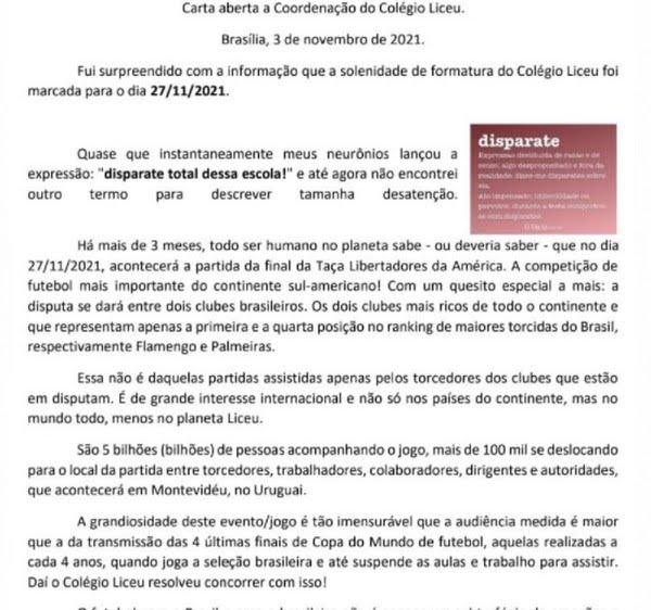 Carta de pai para colégio reclamando de formatura em dia de final da Libertadores viraliza: 'Disparate'