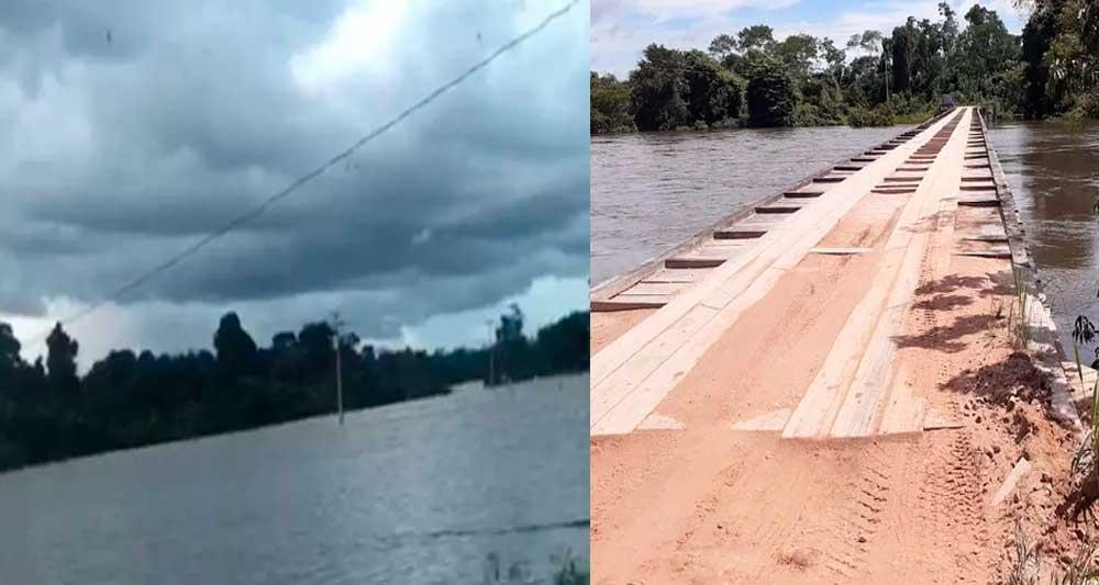 Nível de Rio Jamanxim sobe muito e água encobre ponte de madeira em Comunidade de Novo Progresso