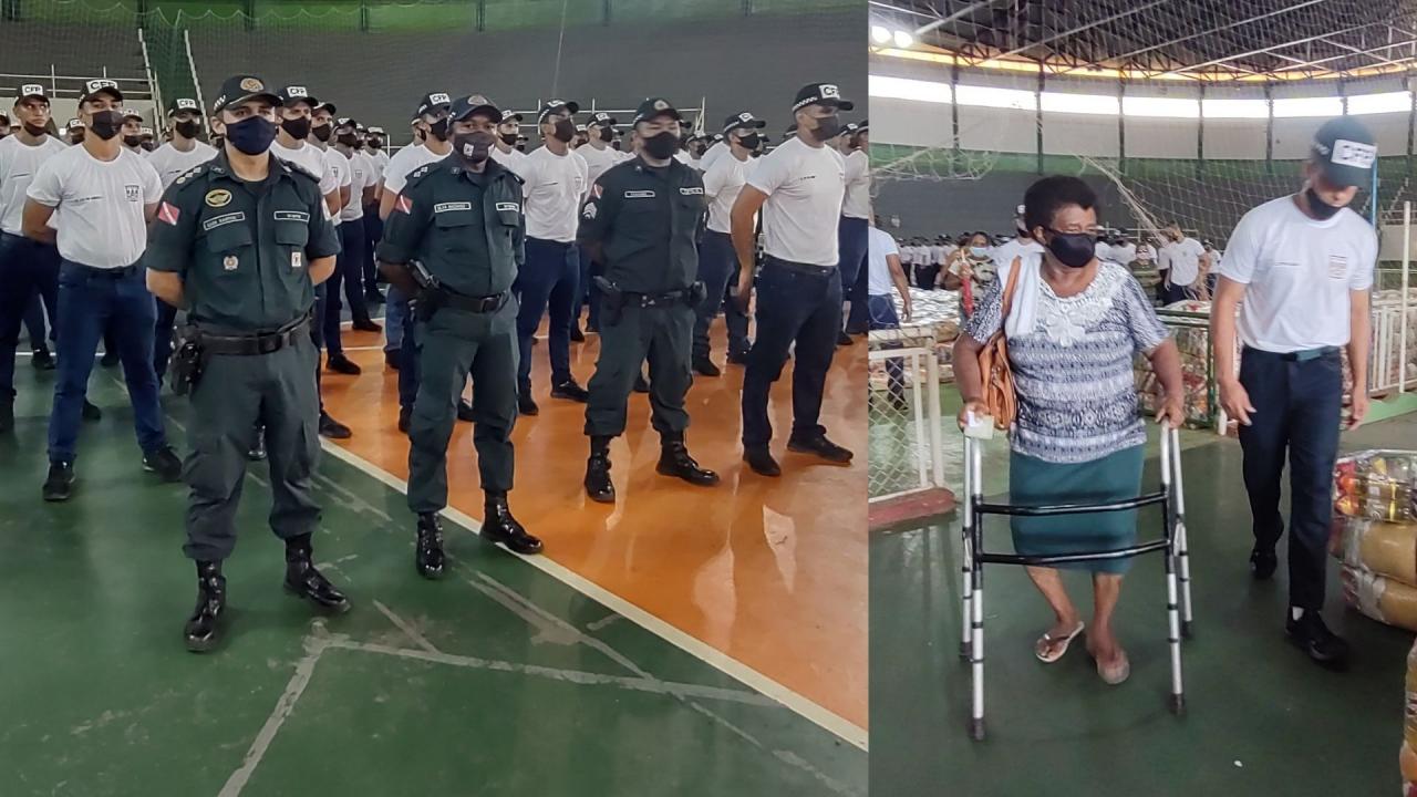 Cestas de alimentação são distribuídas pela assistência social com apoio da policia militar em Itaituba Pará