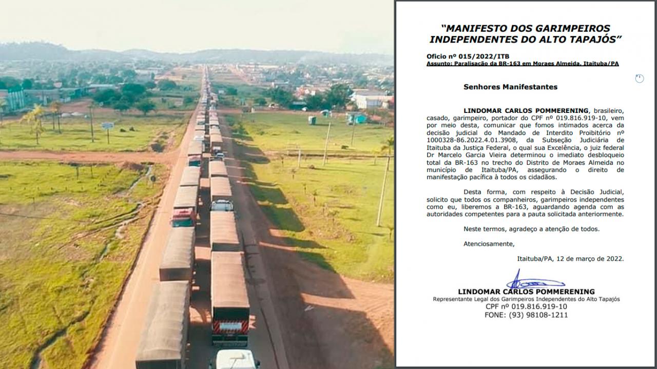 Justiça determina desbloqueio imediato da BR-163 por manifestantes garimpeiros em Moraes Almeida no Pará
