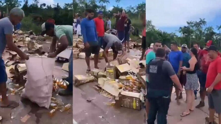 Caminhão tomba e multidão saqueia carga de cerveja em Itaituba Pará