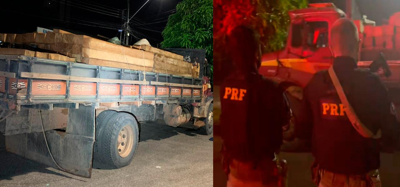 PRF em fiscalização apreende caminhão transportando madeira irregular na PA-370 em Santarém Pará