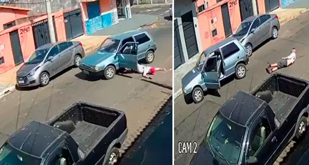 Motorista é flagrado ao cair do próprio carro em movimento; 'Nem acreditei'