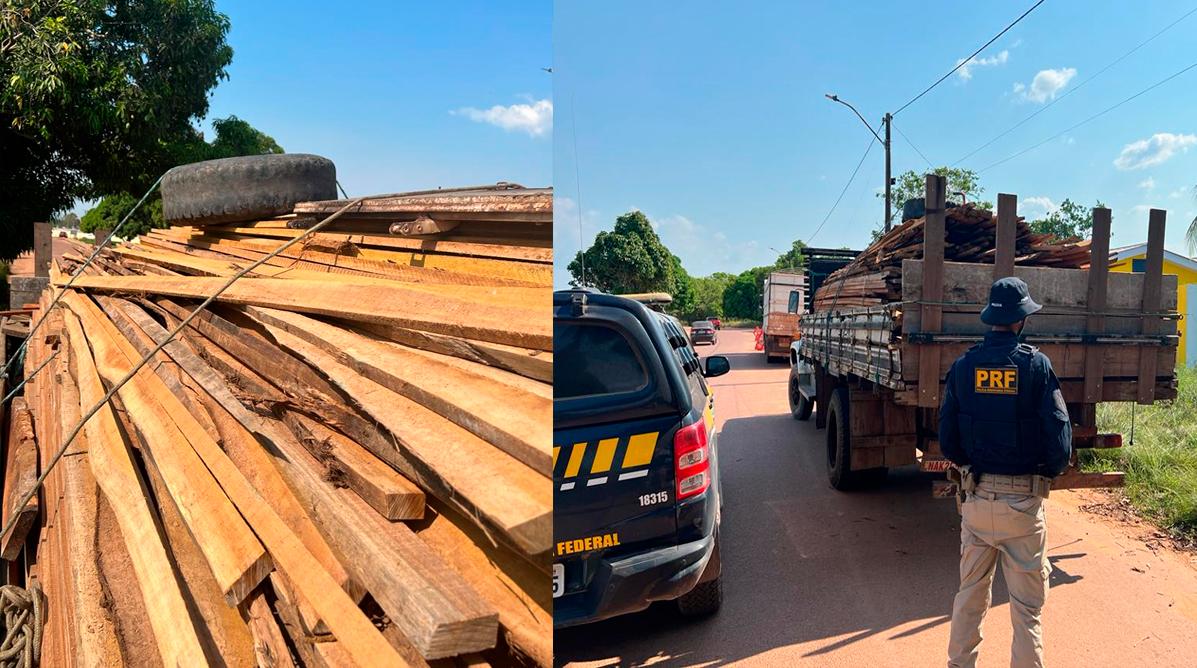 Policia Rodoviária Federal faz apreensão de carga de madeira sem documentação em Itaituba Pará