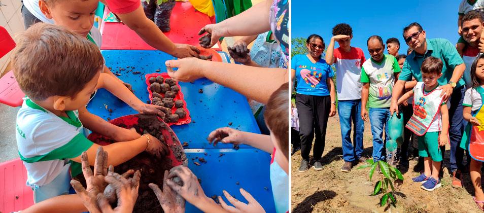 Os alunos da EEEM Maria das Graças Escócio Cerqueira, participam de plantio de mudas nativas da Amazônia em Itaituba