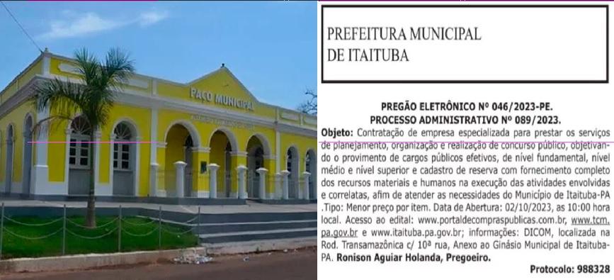 A Prefeitura de Itaituba anuncia licitação para contratação de empresa para organizar concurso público no Município