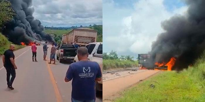 Vídeo: Acidente entre carretas provoca incêndio e interdita rodovia BR-163 no Pará