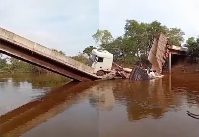 Ponte desaba e caminhão cai dentro de rio no sul do Pará