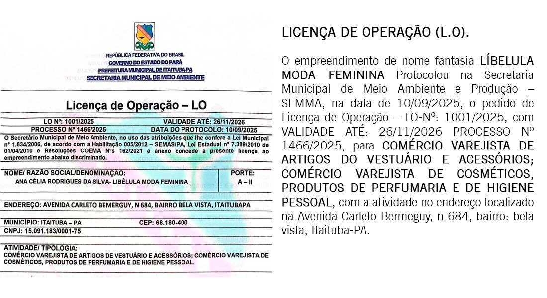 Renovação de Licença de Operação – LO-Nº: 1001/2025, com VALIDADE ATÉ: 26/11/2026 PROCESSO Nº 1466/2025