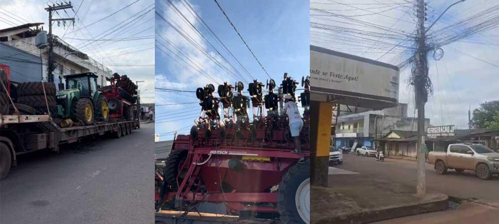 Carreta causam caos em Itaituba: máquinas agrícolas derrubam fiação e danificam semáforos