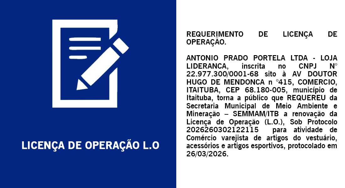 PUBLICAÇÃO DE REQUERIMENTO DE LICENÇA DE OPERAÇÃO
