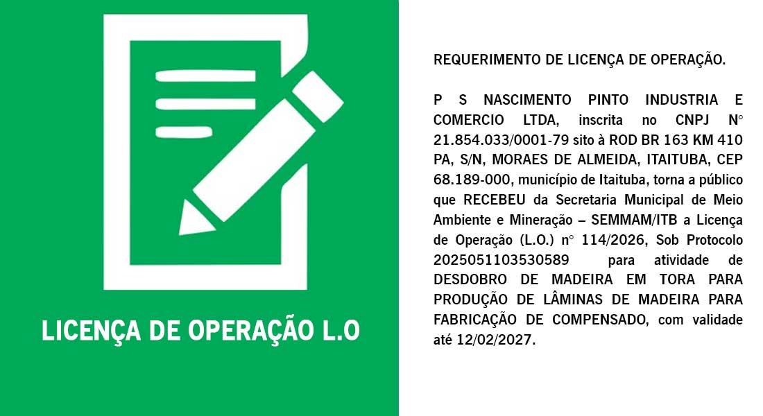Publicação de requerimento de Licença de Operação L.O n° 114/2026