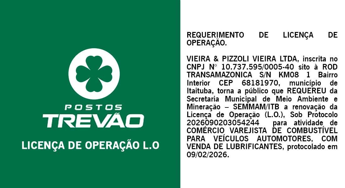 PUBLICAÇÃO DE REQUERIMENTO DE LICENÇA DE OPERAÇÃO, VIEIRA & PIZZOLI VIEIRA LTDA