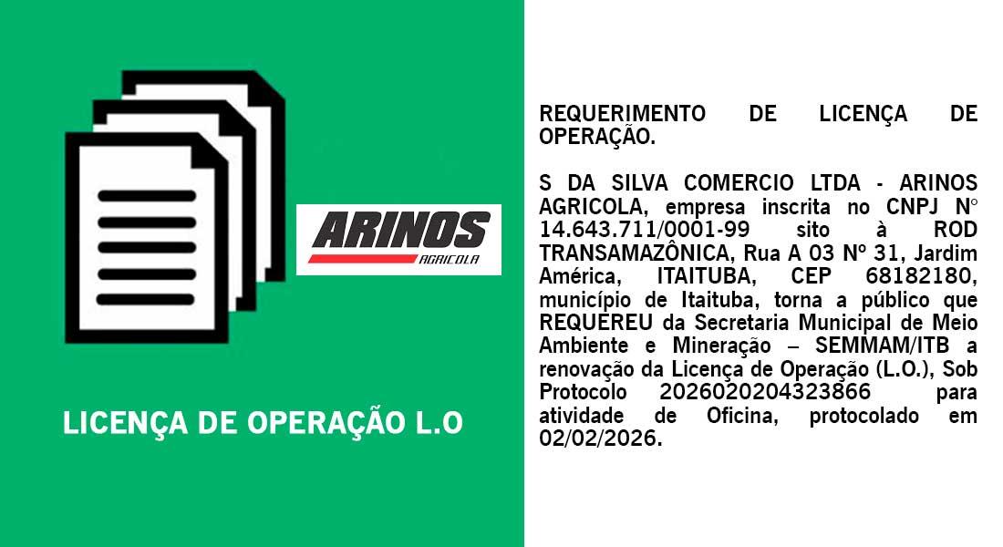 Renovação da Licença de Operação (L.O.), Sob Protocolo 2026020204323866  para atividade de Oficina, protocolado em 02/02/2026.
