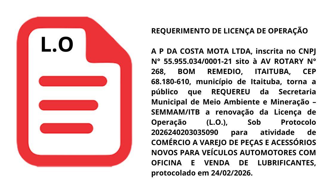 DIVULGAÇÃO REQUERIMENTO DE LICENÇA DE P. DA COSTA MOTA LTDA DE OPERAÇÃO