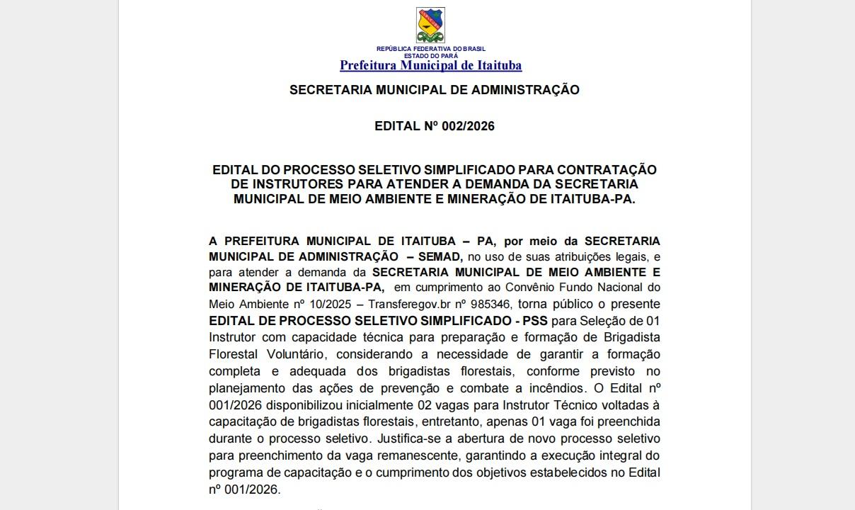Prefeitura de Itaituba abre seleção para instrutor de brigadistas florestais com remuneração de R$ 5 mil reais