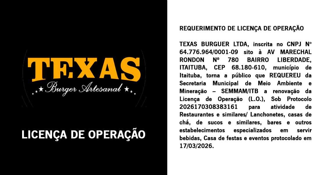 Publicação do Requerimento de Licença de Operação de Texas Burguer LTDA.