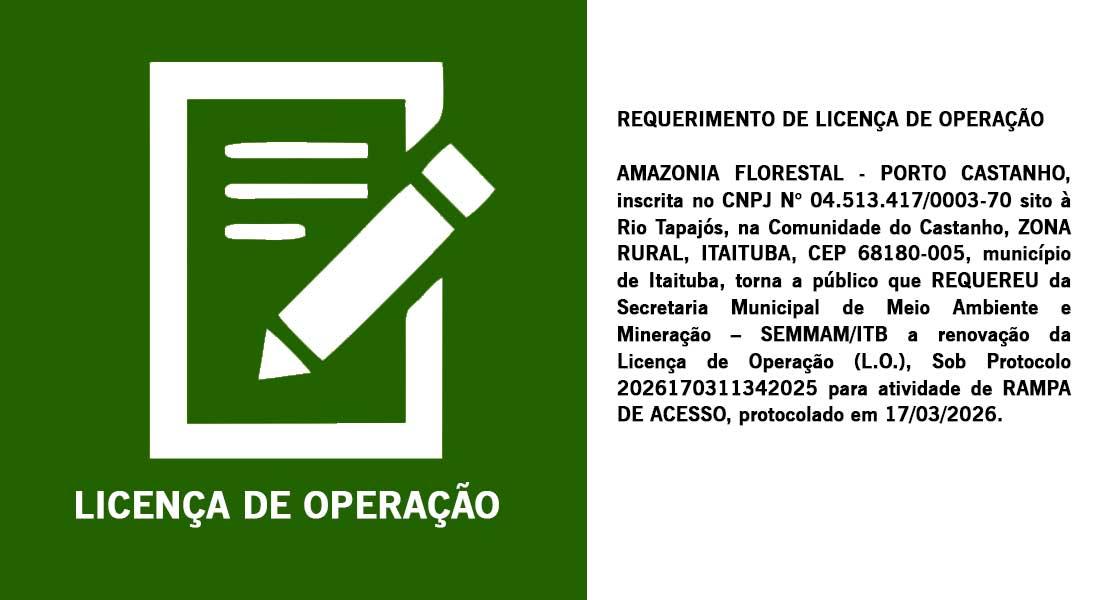 Requerimento de renovação da Licença de Operação (L.O.), Sob Protocolo 2026170311342025 para atividade de RAMPA DE ACESSO,