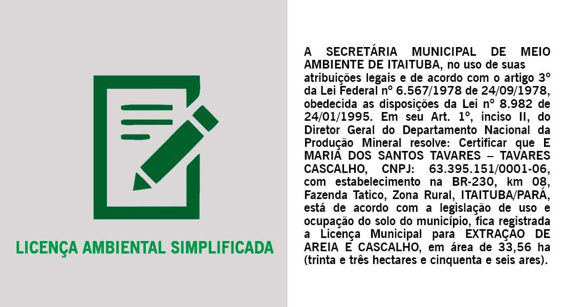 Publicação da certificação de E MARIA DOS SANTOS TAVARES – TAVARES CASCALHO, CNPJ: 63.395.151/0001-06
