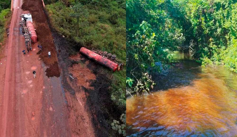 Caminhão com carga de óleo queimado tomba na BR-163 e contamina rio entre Rurópolis e Itaituba