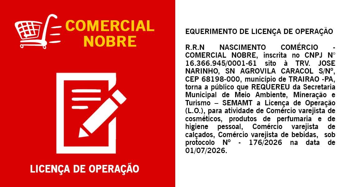 Publicação de Requerimento de Licença de Operação de R R N Nascimento comércio - Comercial Nobre