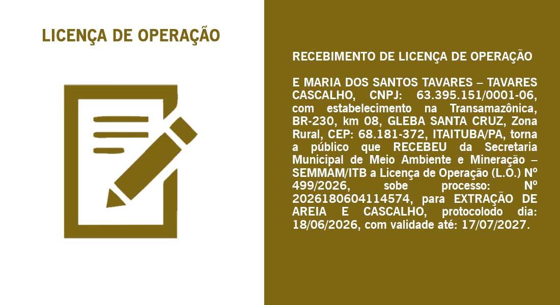 Publicação de recebimento de Licença de Operação de E MARIA DOS SANTOS TAVARES – TAVARES CASCALHO