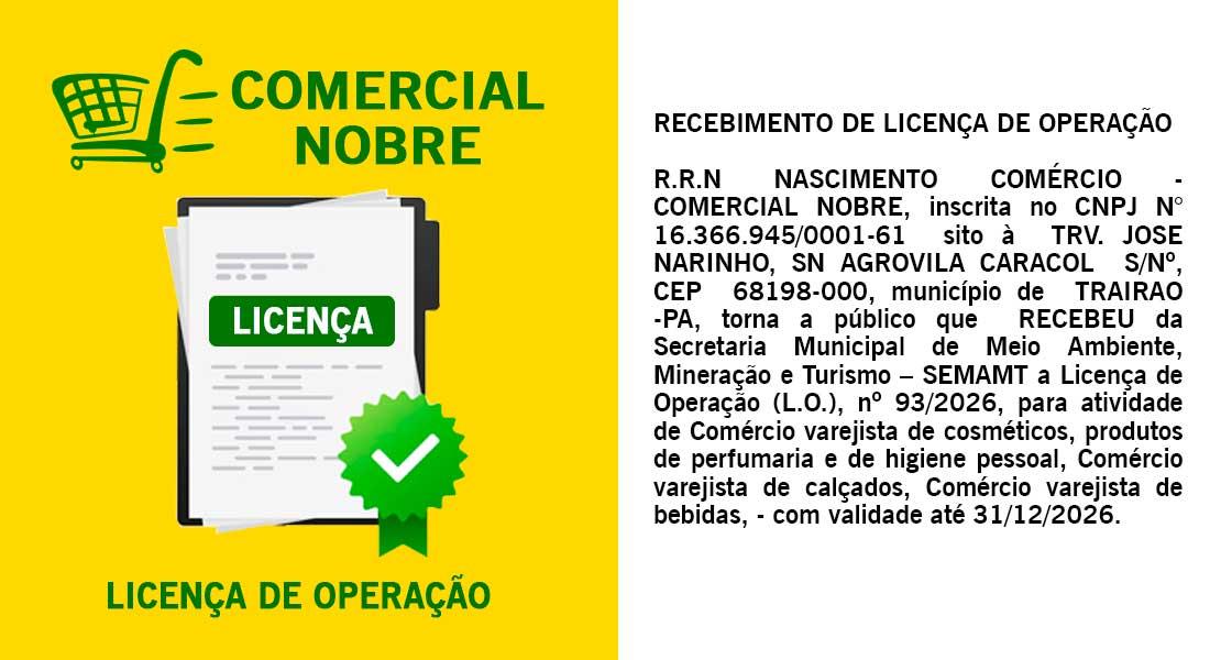 Publicação de recebimento de Licença de Operação de R R N Nascimento comércio