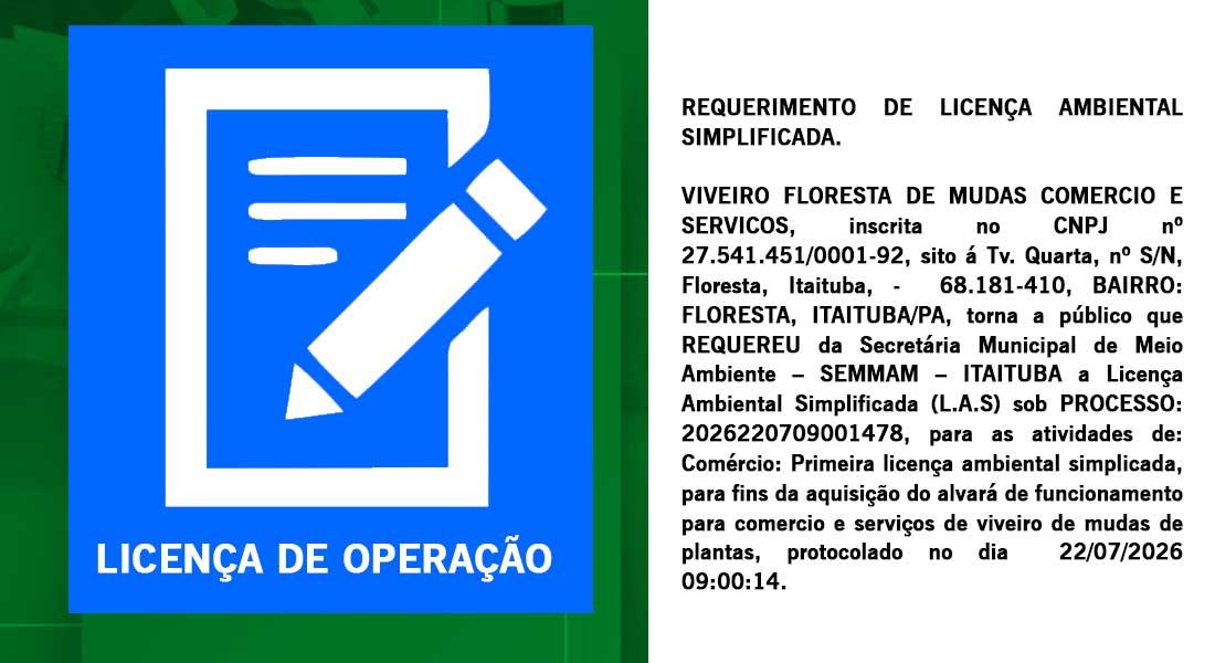 Publicação de Protocolo de Requerimento de Licença Ambiental Simplificada (L.A.S)