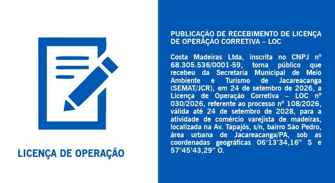 PUBLICAÇÃO DE RECEBIMENTO DE LICENÇA DE OPERAÇÃO CORRETIVA – LOC