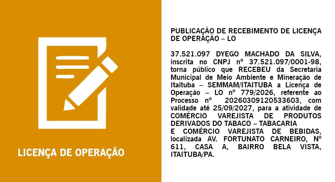Publicação de recebimento de Licença de Operação - LO nº 779/2026