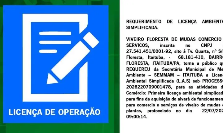 Publicação de Protocolo de Requerimento de Licença Ambiental Simplificada (L.A.S)