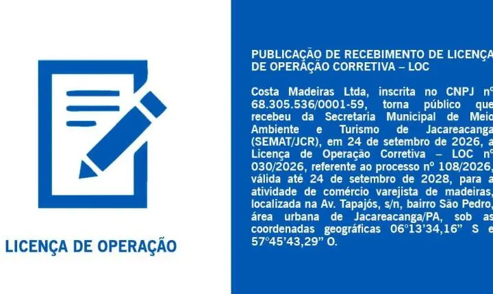 PUBLICAÇÃO DE RECEBIMENTO DE LICENÇA DE OPERAÇÃO CORRETIVA – LOC