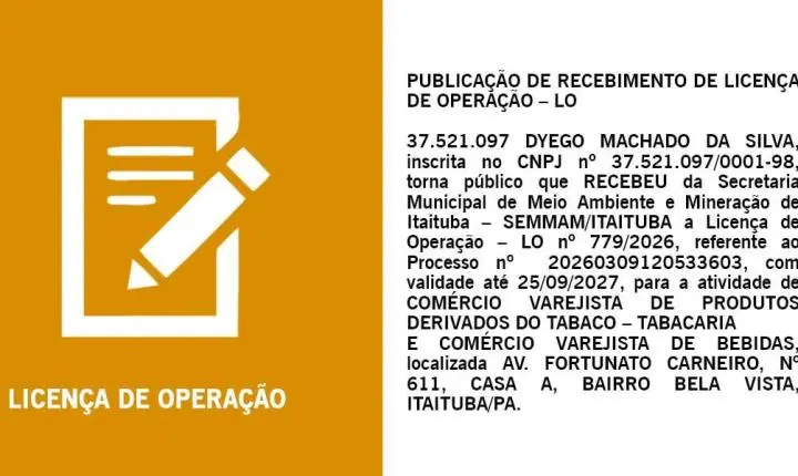 Publicação de recebimento de Licença de Operação - LO nº 779/2026