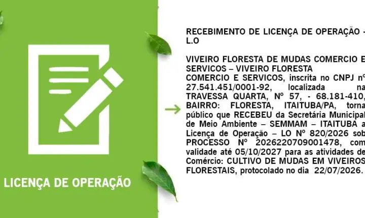 Publicação de recebimento de Licença de Operação - LO Nº 820/2026